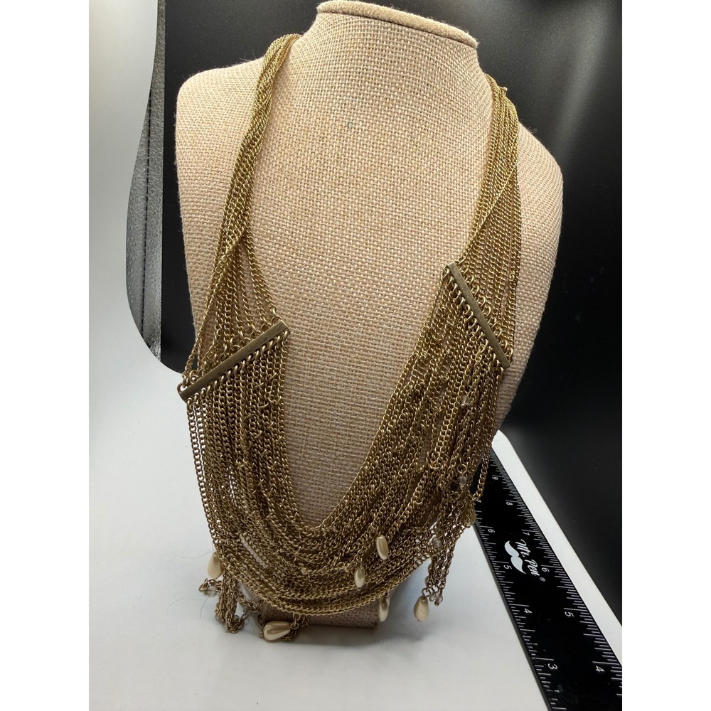 Talbots Gold Tone Multi Strand Chain Bib Necklace with Faux Pearl Accents